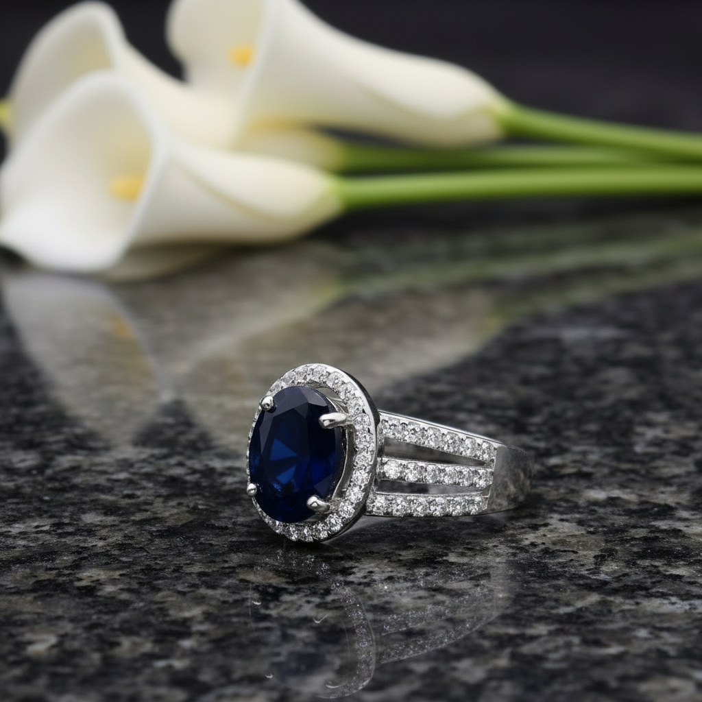 GRACE Oval Blue Sapphire Halo Ring in Gold Plated Sterling Silver
