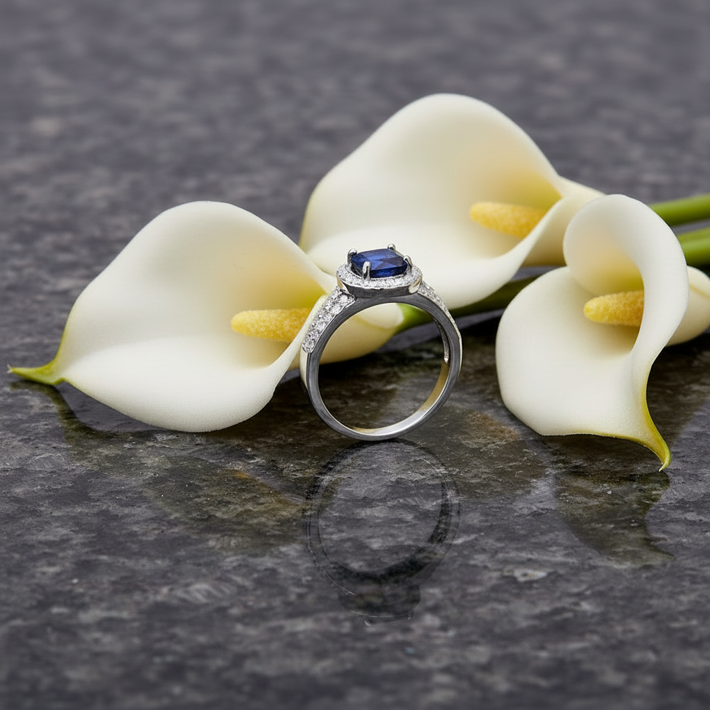 GRACE Oval Blue Sapphire Halo Ring in Gold Plated Sterling Silver