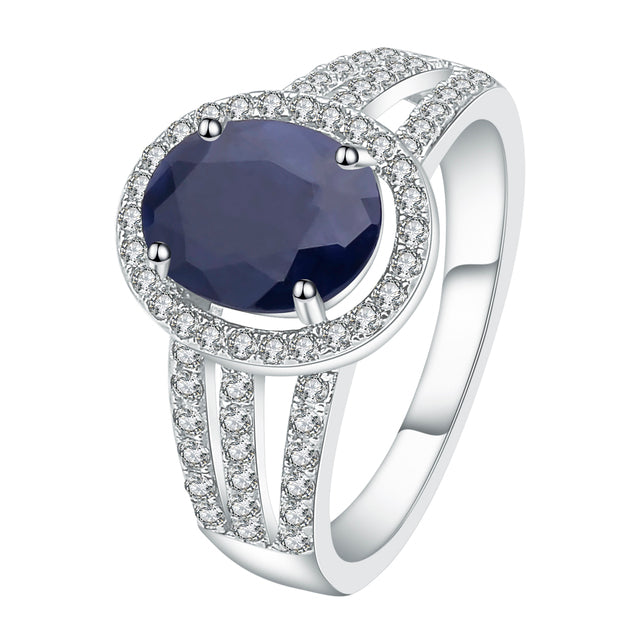 GRACE Oval Blue Sapphire Halo Ring in Gold Plated Sterling Silver