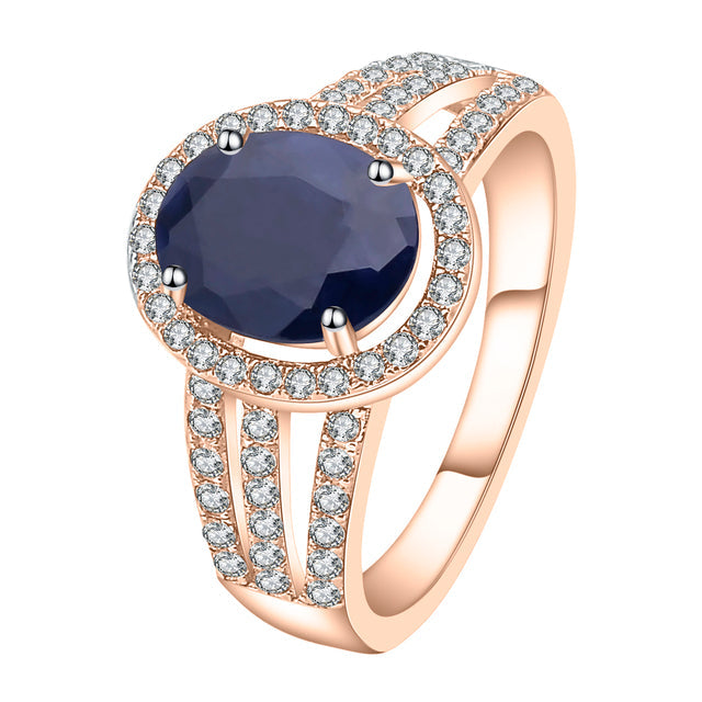 GRACE Oval Blue Sapphire Halo Ring in Gold Plated Sterling Silver