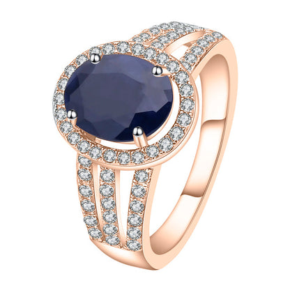 GRACE Oval Blue Sapphire Halo Ring in Gold Plated Sterling Silver