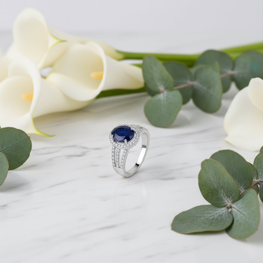 GRACE Oval Blue Sapphire Halo Ring in Gold Plated Sterling Silver