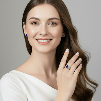 GRACE Oval Blue Sapphire Halo Ring in Gold Plated Sterling Silver