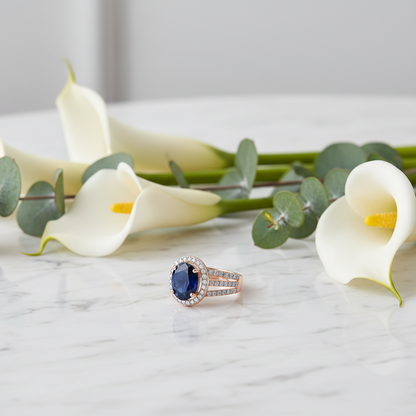 GRACE Oval Blue Sapphire Halo Ring in Gold Plated Sterling Silver