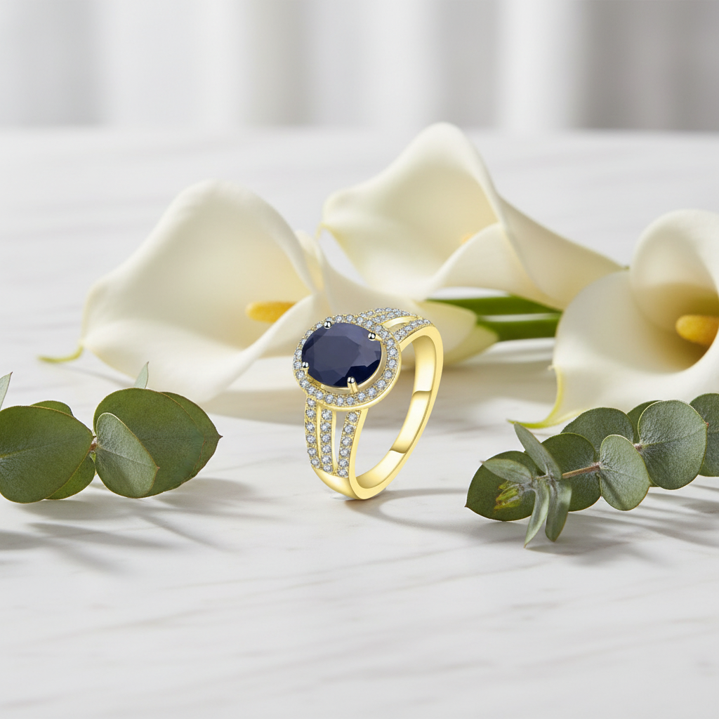 GRACE Oval Blue Sapphire Halo Ring in Gold Plated Sterling Silver