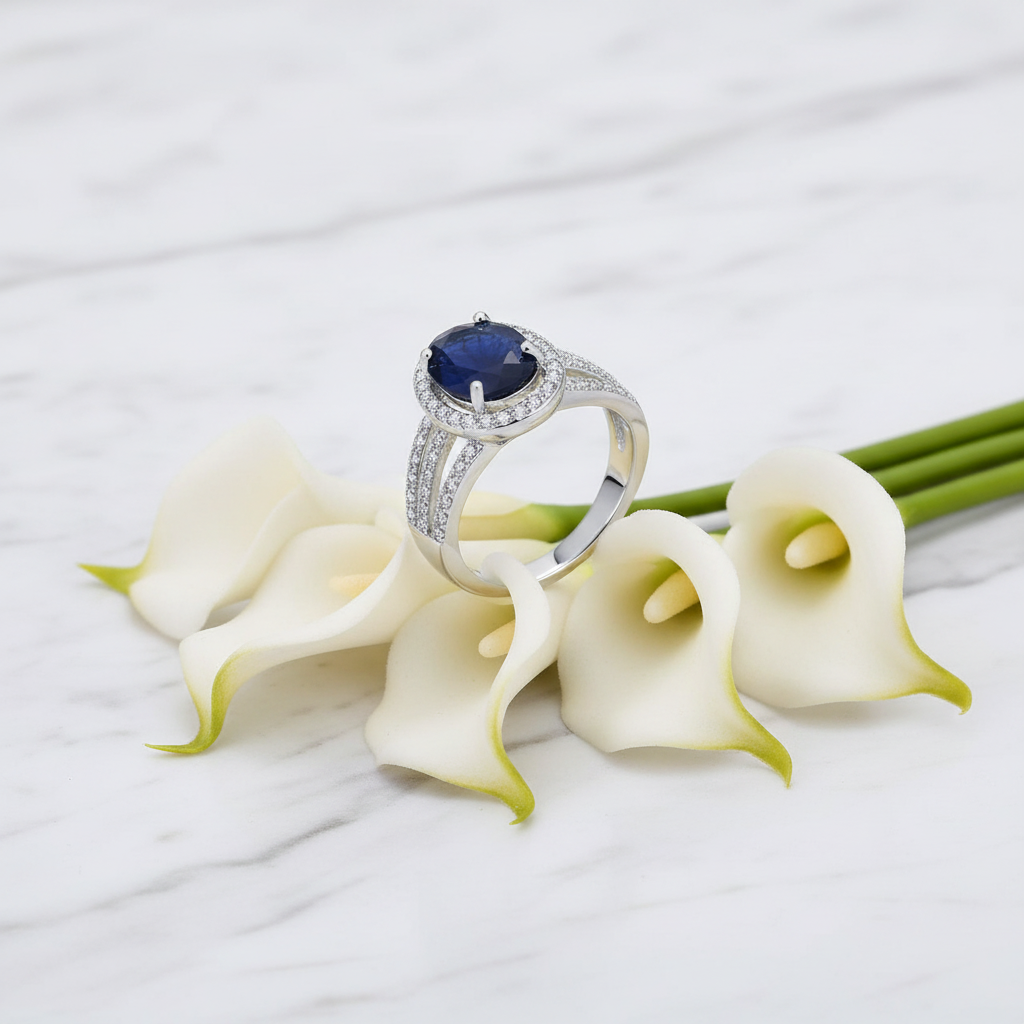 GRACE Oval Blue Sapphire Halo Ring in Gold Plated Sterling Silver