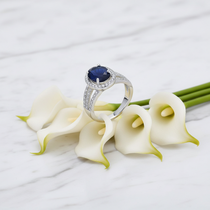 GRACE Oval Blue Sapphire Halo Ring in Gold Plated Sterling Silver