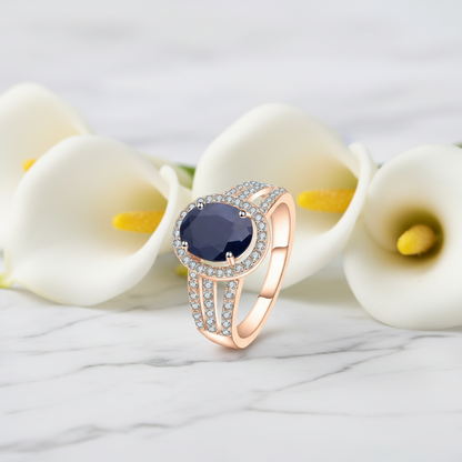 GRACE Oval Blue Sapphire Halo Ring in Gold Plated Sterling Silver