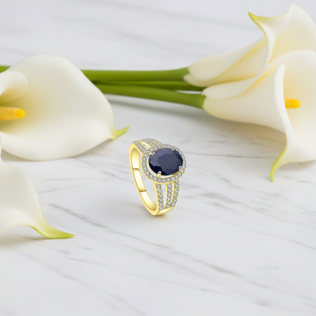 GRACE Oval Blue Sapphire Halo Ring in Gold Plated Sterling Silver