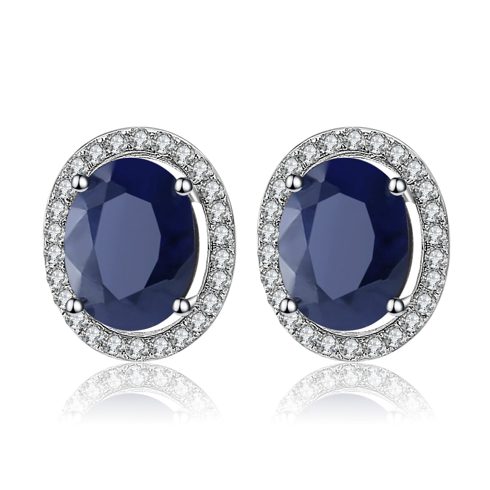 GRACE Oval Blue Sapphire Halo Stud Earrings in Sterling Silver