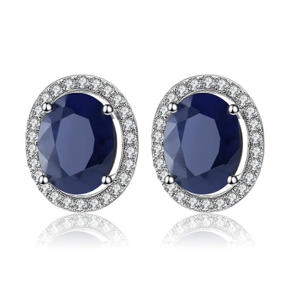 GRACE Oval Blue Sapphire Halo Stud Earrings in Sterling Silver