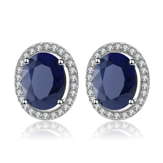 GRACE Oval Blue Sapphire Halo Stud Earrings in Sterling Silver
