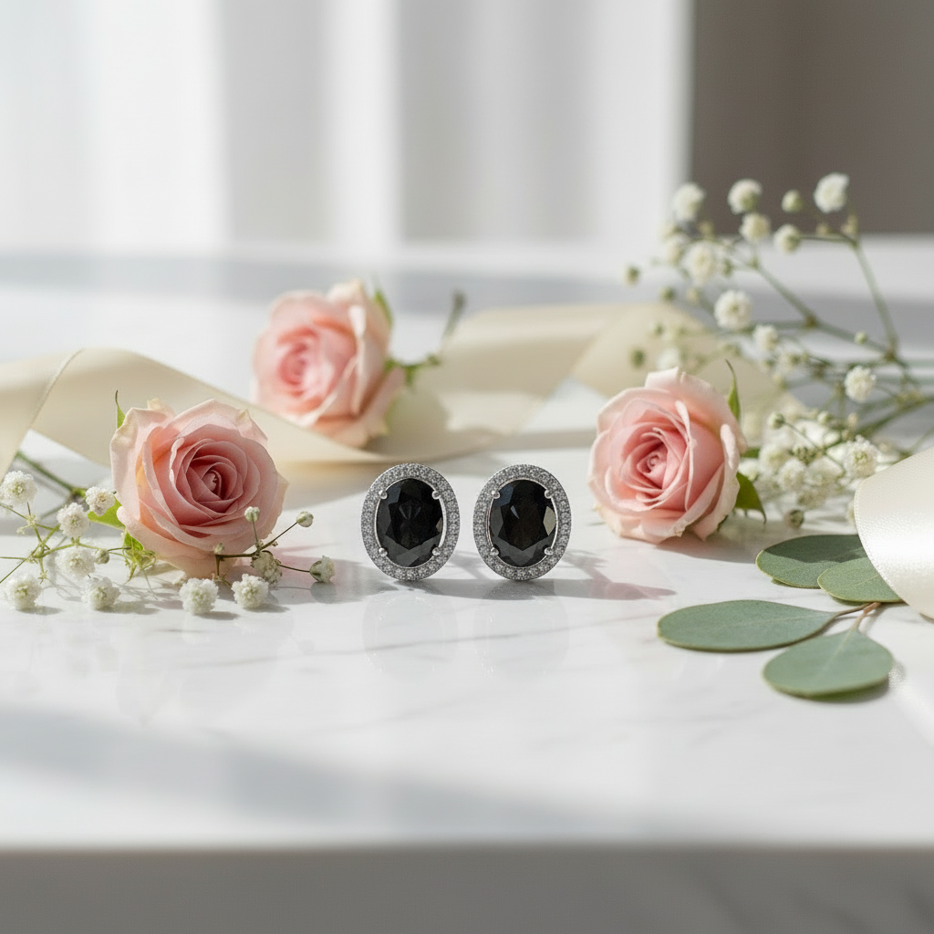 GRACE Oval Blue Sapphire Halo Stud Earrings in Sterling Silver