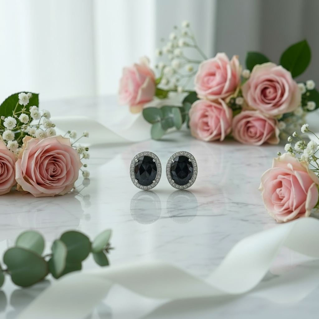 GRACE Oval Blue Sapphire Halo Stud Earrings in Sterling Silver