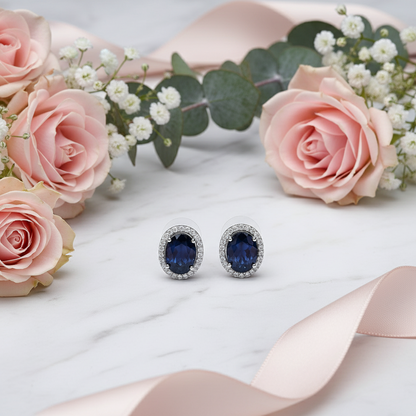GRACE Oval Blue Sapphire Halo Stud Earrings in Sterling Silver