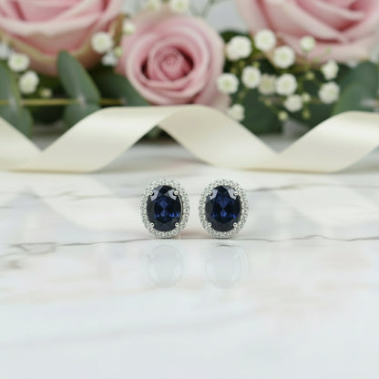 GRACE Oval Blue Sapphire Halo Stud Earrings in Sterling Silver