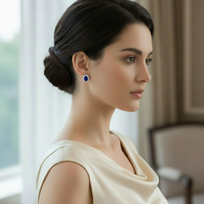 GRACE Oval Blue Sapphire Halo Stud Earrings in Sterling Silver