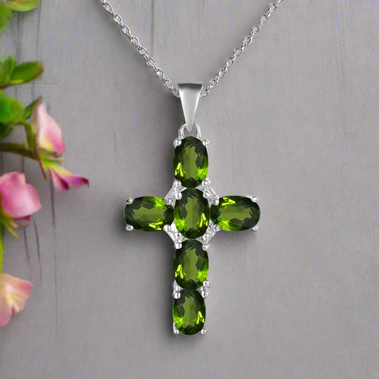GRACE Oval Chrome Diopside Cross Pendant Necklace in Sterling Silver