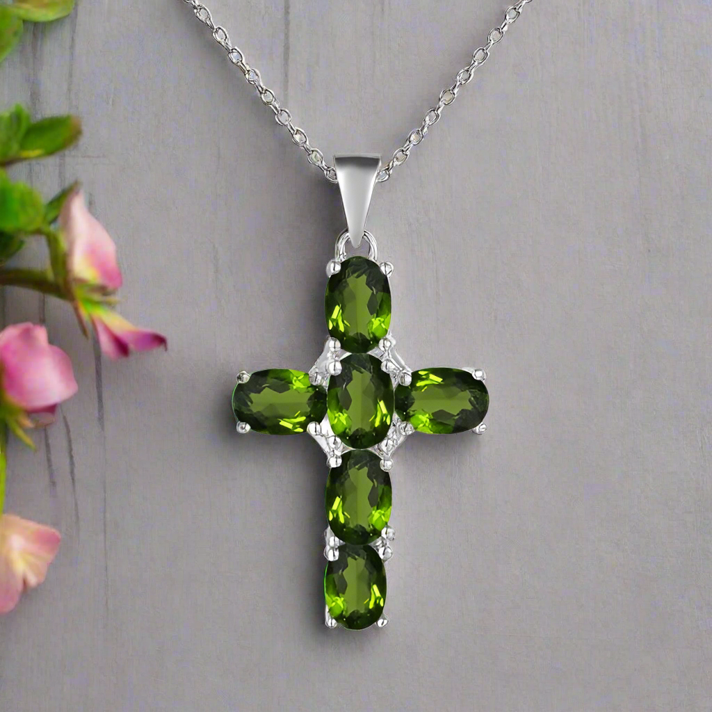 GRACE Oval Multi-Stone Cross Necklace in Sterling Silver
