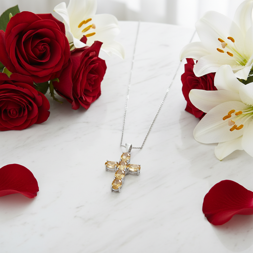 GRACE Oval Multi-Stone Cross Necklace in Sterling Silver