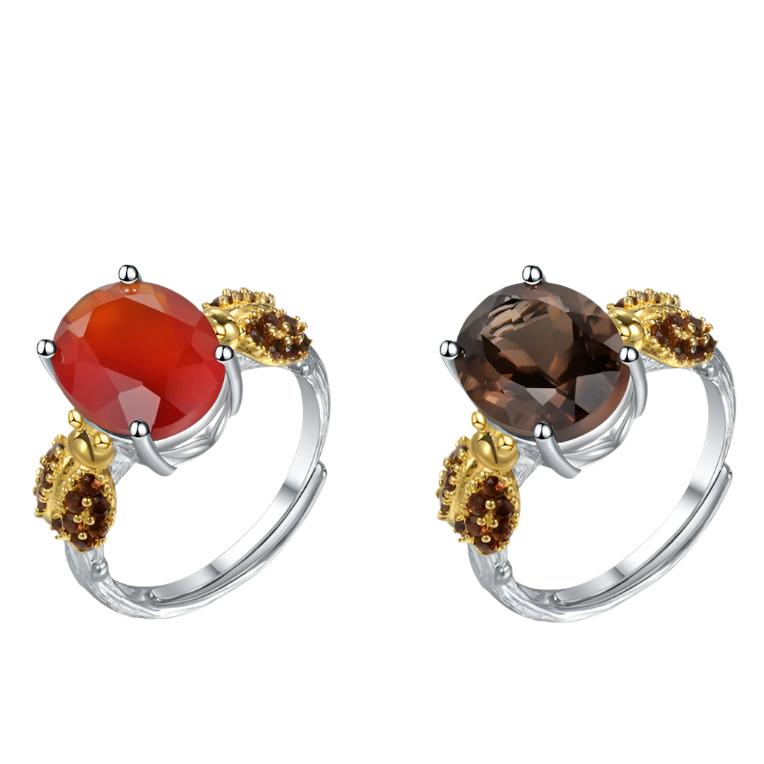 Bague ajustable GRACE en argent sterling avec agate rouge ovale et quartz fumé et coccinelle