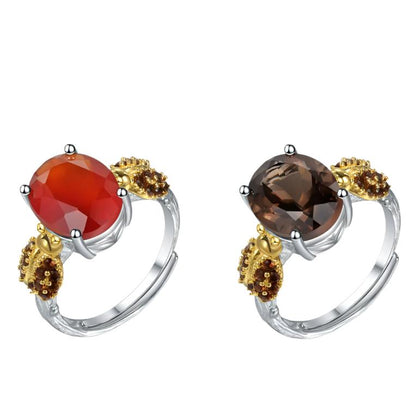 Bague ajustable GRACE en argent sterling avec agate rouge ovale et quartz fumé et coccinelle
