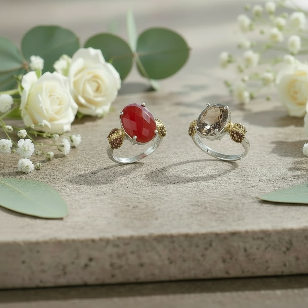 Bague ajustable GRACE en argent sterling avec agate rouge ovale et quartz fumé et coccinelle