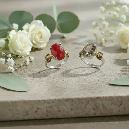 Bague ajustable GRACE en argent sterling avec agate rouge ovale et quartz fumé et coccinelle