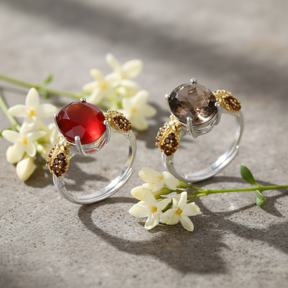 Bague ajustable GRACE en argent sterling avec agate rouge ovale et quartz fumé et coccinelle