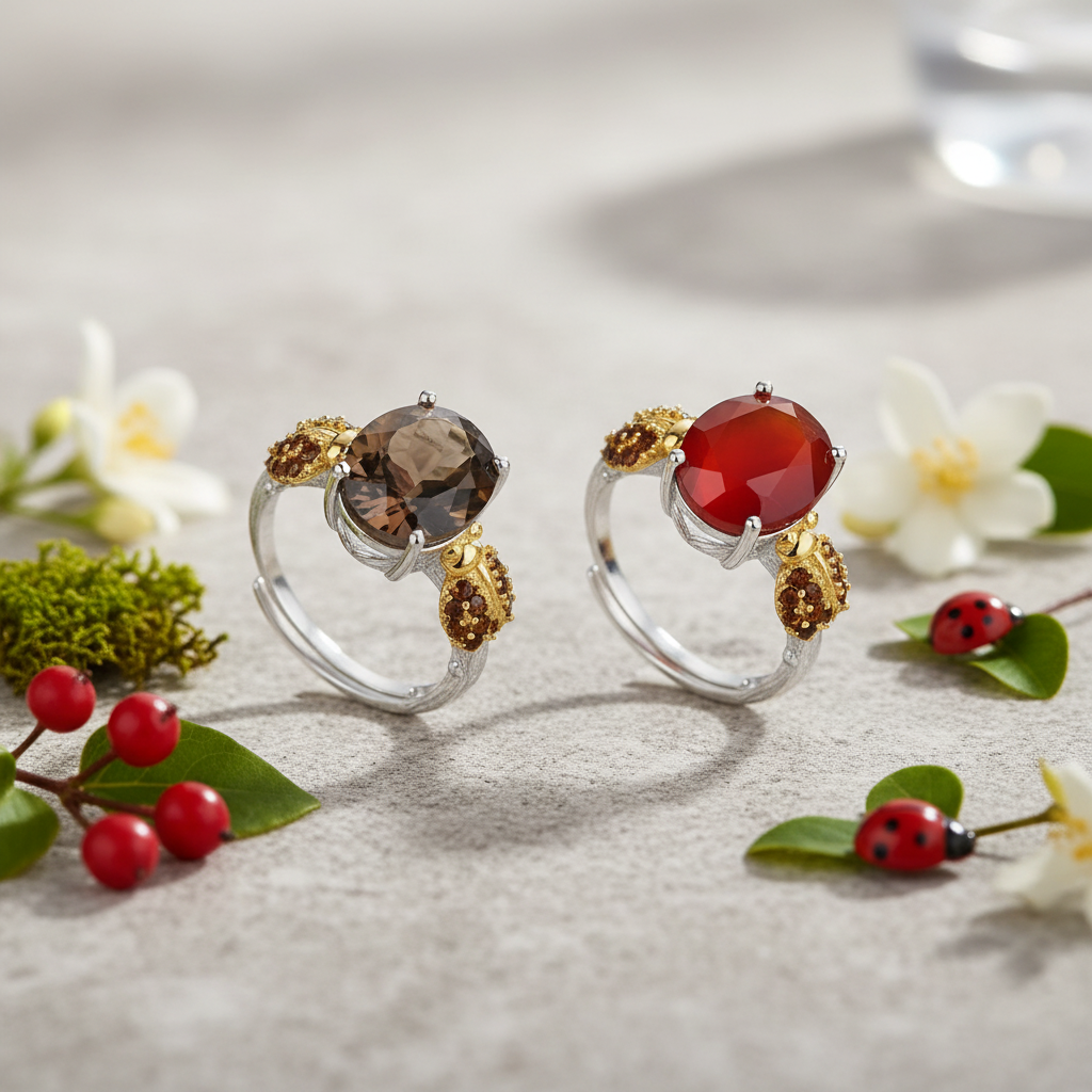 Bague ajustable GRACE en argent sterling avec agate rouge ovale et quartz fumé et coccinelle