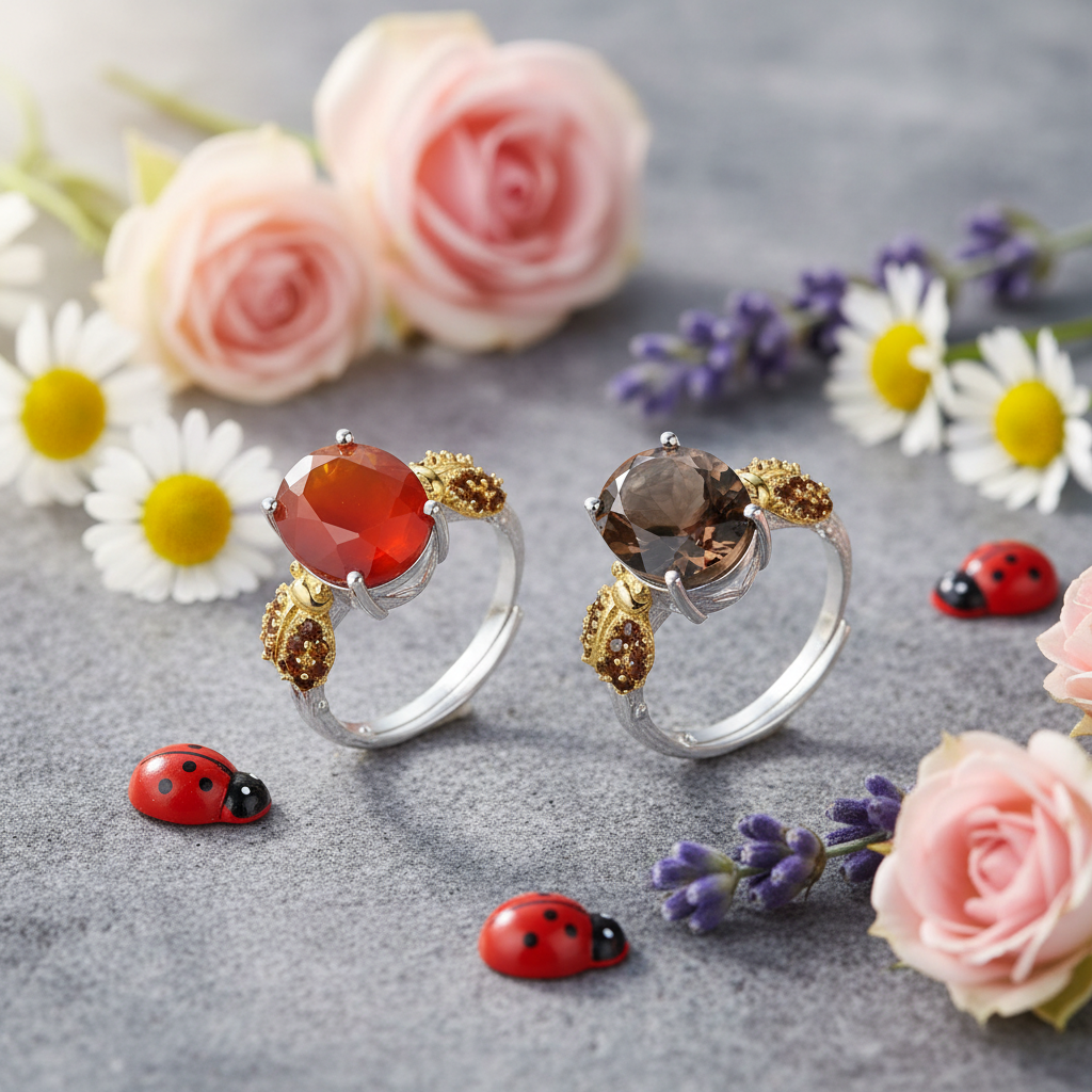 Bague ajustable GRACE en argent sterling avec agate rouge ovale et quartz fumé et coccinelle