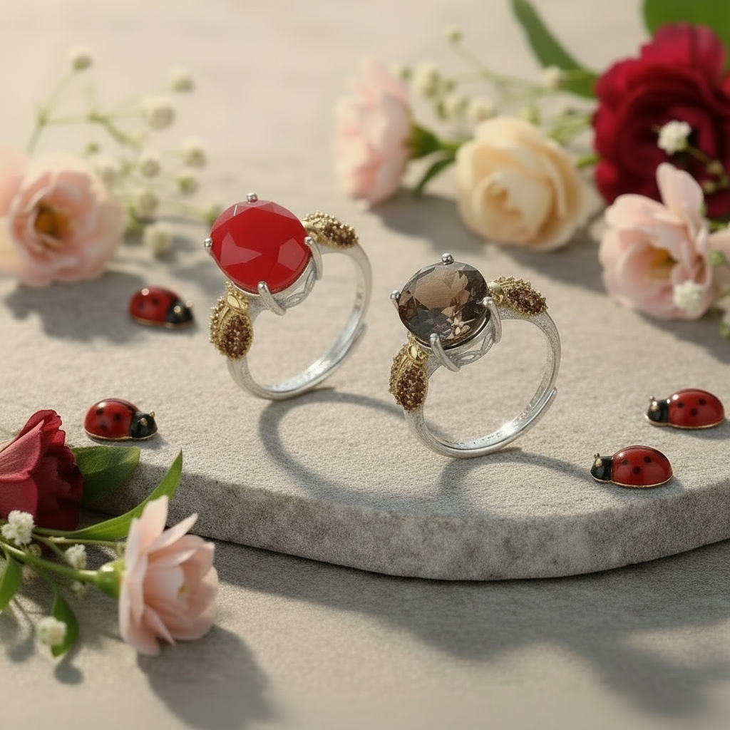 Bague ajustable GRACE en argent sterling avec agate rouge ovale et quartz fumé et coccinelle