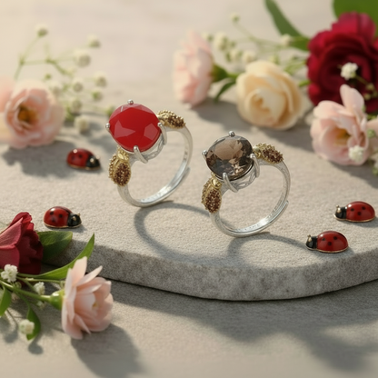 Bague ajustable GRACE en argent sterling avec agate rouge ovale et quartz fumé et coccinelle