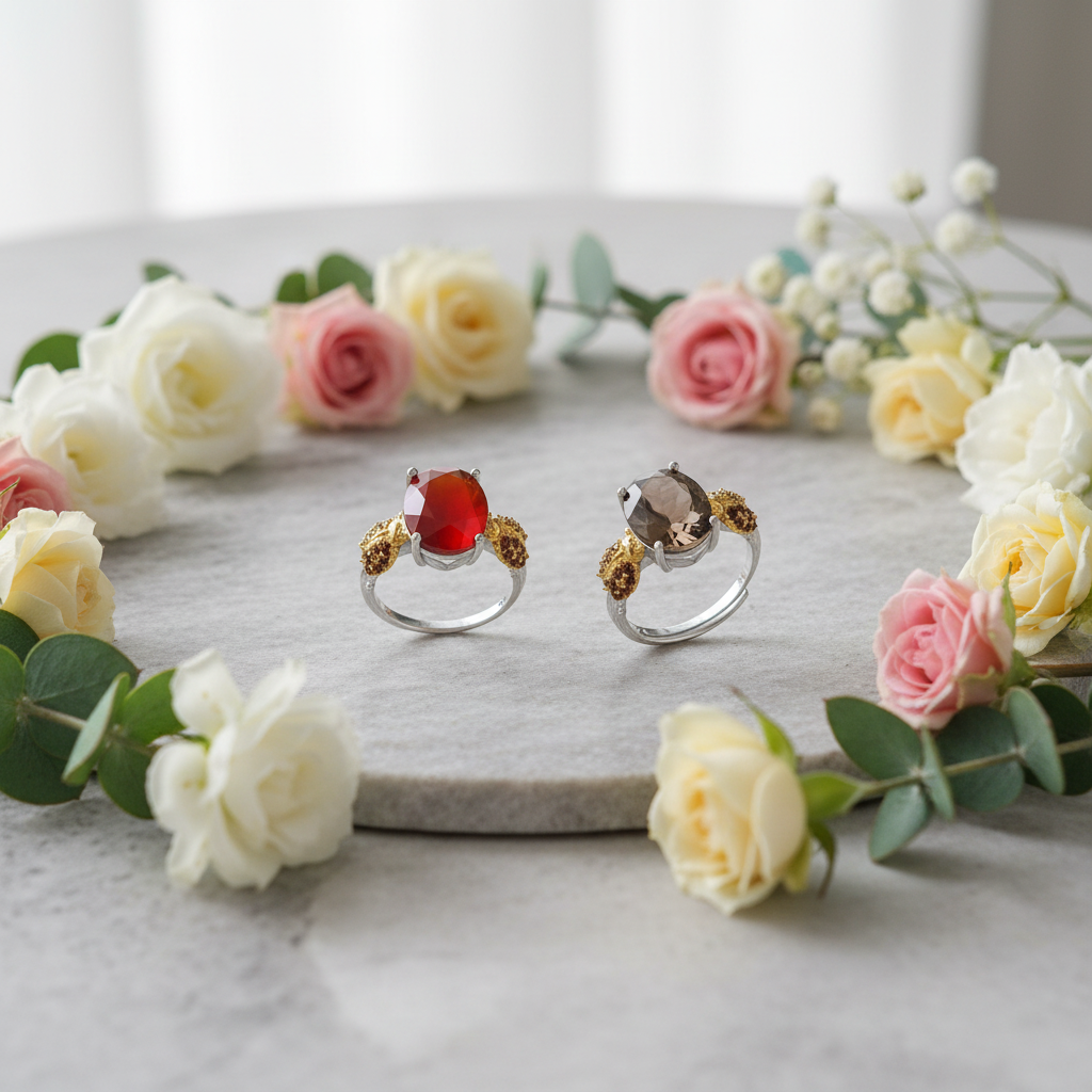 Bague ajustable GRACE en argent sterling avec agate rouge ovale et quartz fumé et coccinelle