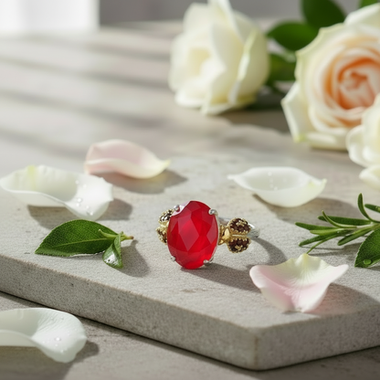 Bague ajustable GRACE en argent sterling avec agate rouge ovale et quartz fumé et coccinelle