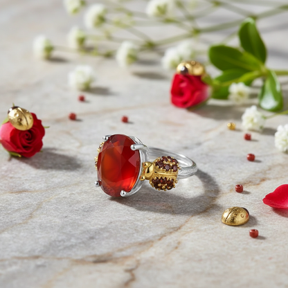Bague ajustable GRACE en argent sterling avec agate rouge ovale et quartz fumé et coccinelle