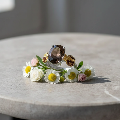 Bague ajustable GRACE en argent sterling avec agate rouge ovale et quartz fumé et coccinelle