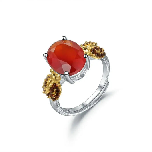 GRACE Oval Red Agate Ladybug Adjustable Ring in Sterling Silver