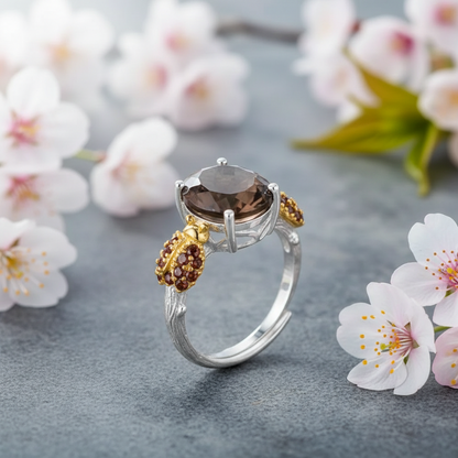 Bague ajustable GRACE en argent sterling avec agate rouge ovale et quartz fumé et coccinelle