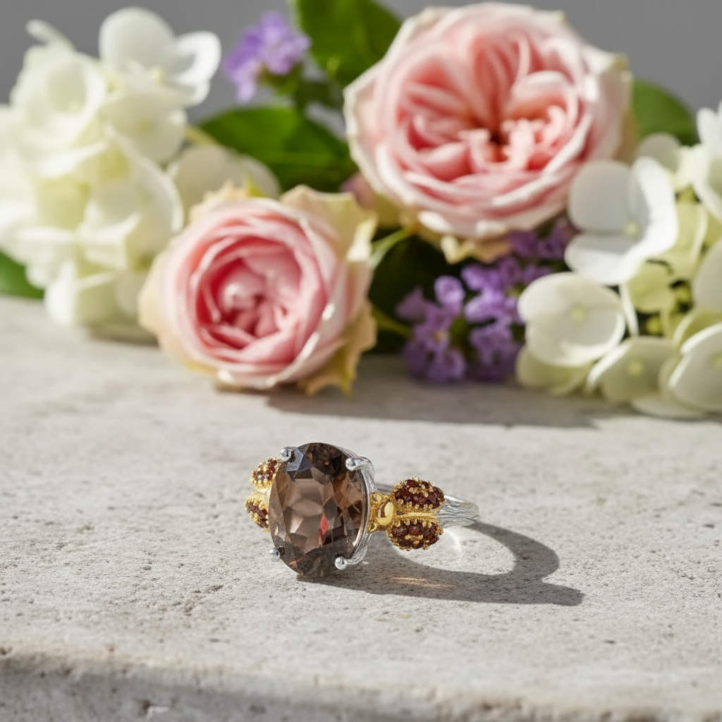 Bague ajustable GRACE en argent sterling avec agate rouge ovale et quartz fumé et coccinelle