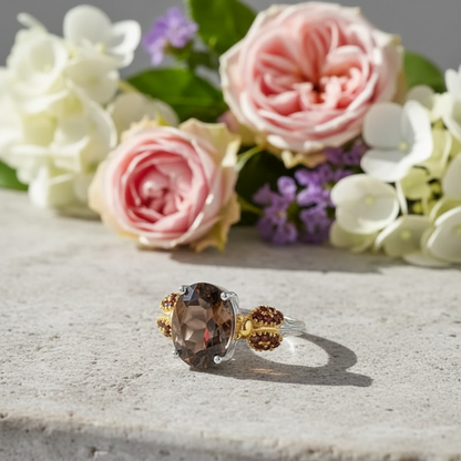 Bague ajustable GRACE en argent sterling avec agate rouge ovale et quartz fumé et coccinelle