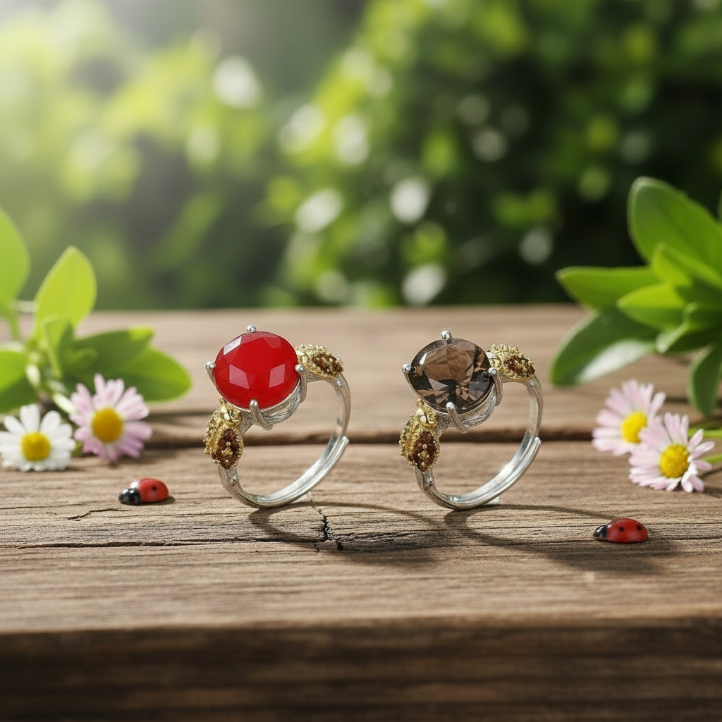 Bague ajustable GRACE en argent sterling avec agate rouge ovale et quartz fumé et coccinelle