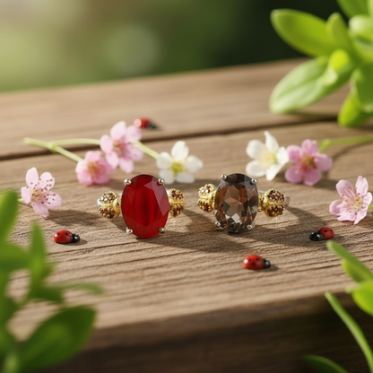 Bague ajustable GRACE en argent sterling avec agate rouge ovale et quartz fumé et coccinelle