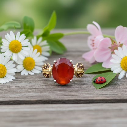 Bague ajustable GRACE en argent sterling avec agate rouge ovale et quartz fumé et coccinelle