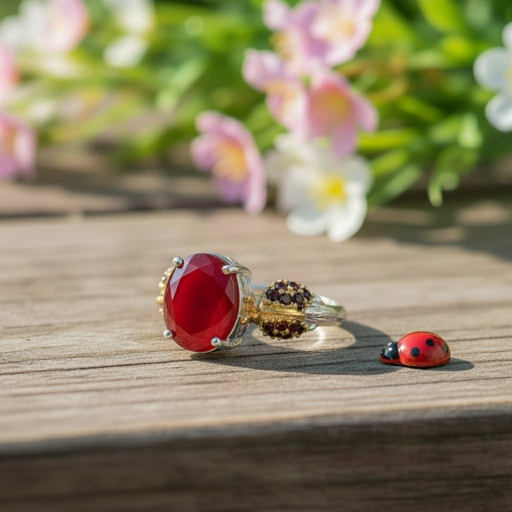 Bague ajustable GRACE en argent sterling avec agate rouge ovale et quartz fumé et coccinelle