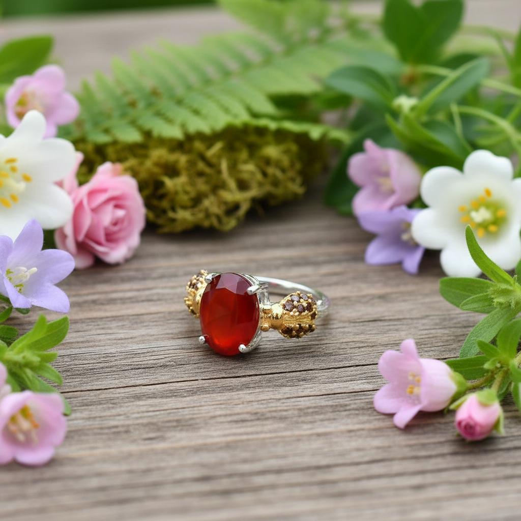 Bague ajustable GRACE en argent sterling avec agate rouge ovale et quartz fumé et coccinelle