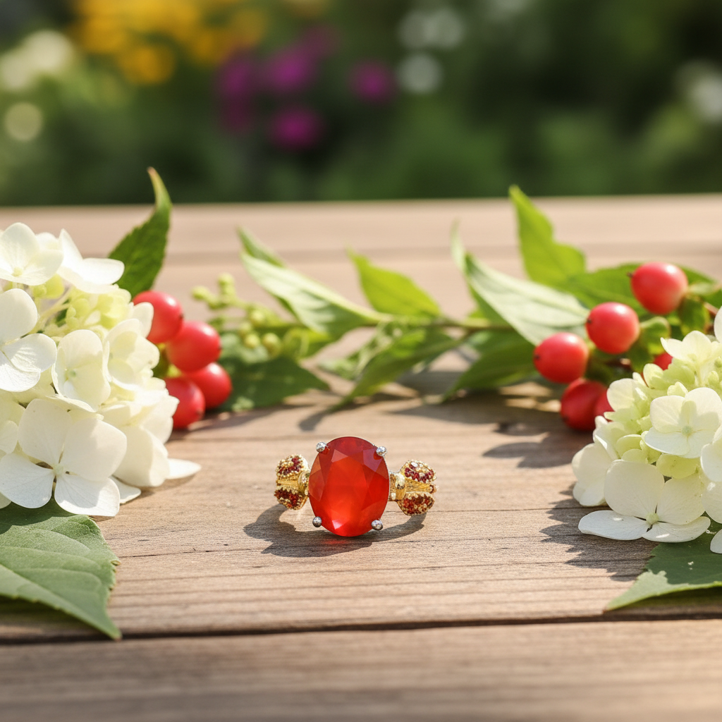 Bague ajustable GRACE en argent sterling avec agate rouge ovale et quartz fumé et coccinelle