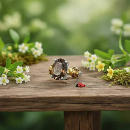 Bague ajustable GRACE en argent sterling avec agate rouge ovale et quartz fumé et coccinelle