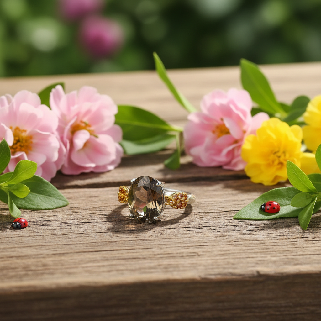Bague ajustable GRACE en argent sterling avec agate rouge ovale et quartz fumé et coccinelle