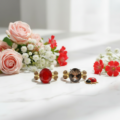 Bague ajustable GRACE en argent sterling avec agate rouge ovale et quartz fumé et coccinelle